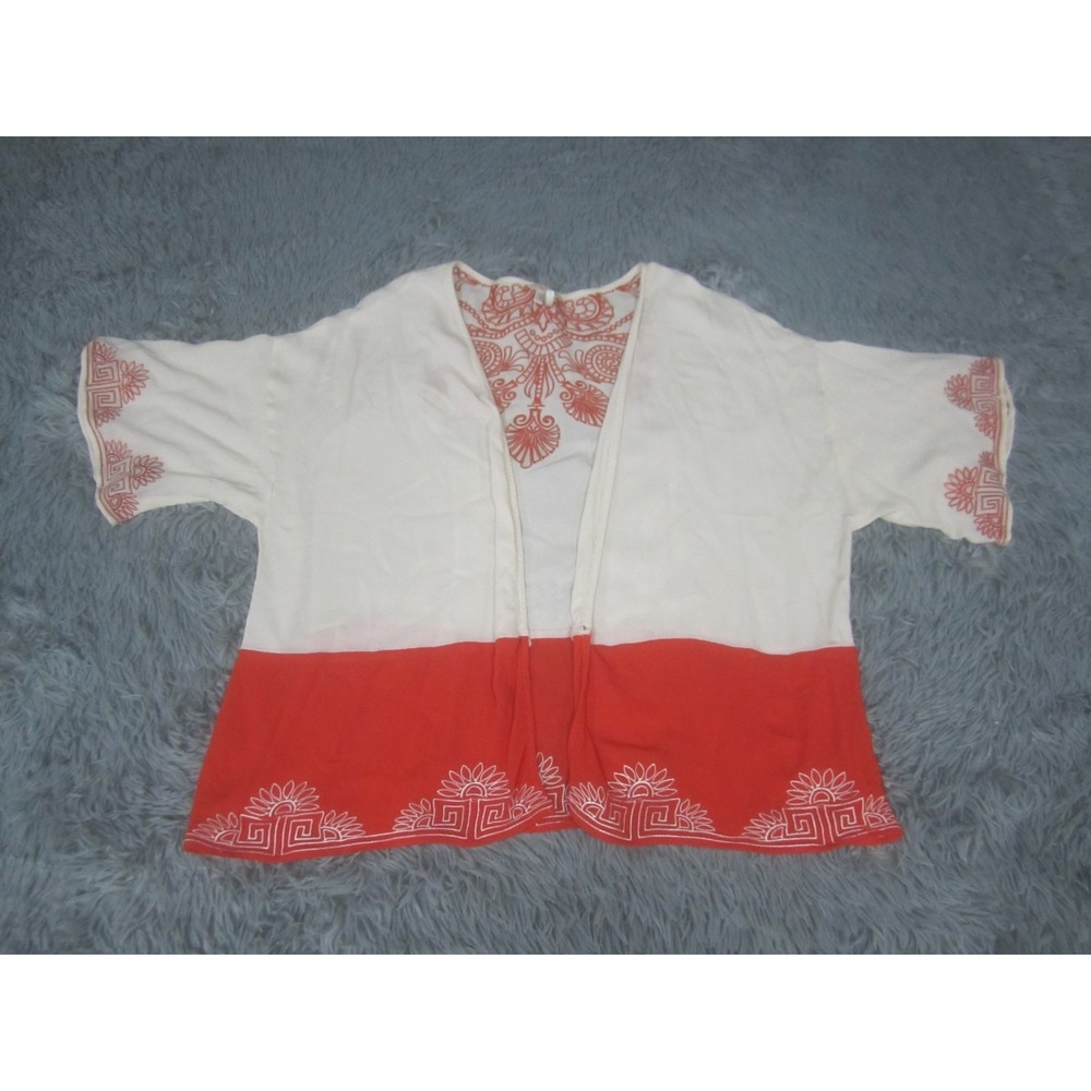 Soieblu Womens Small White Orange Short Sleeve Top Boho Style Kimono Cardigan